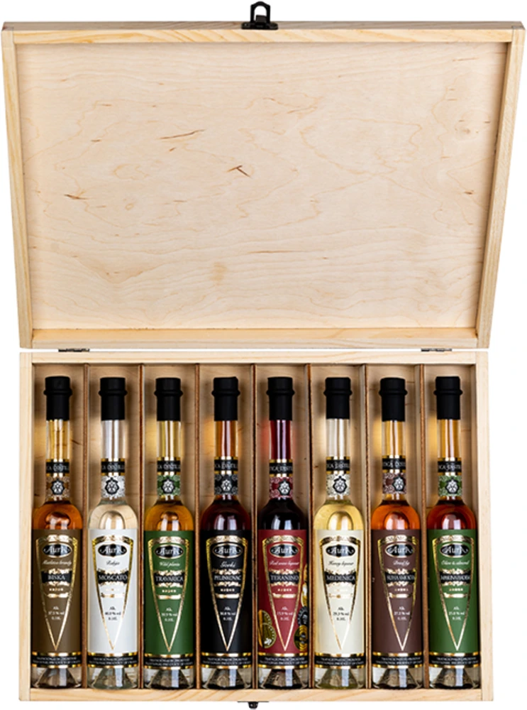 Darilni paket Box Rakija (Biska, Moscato, Gorki pelinkovac, Medenica, Teranino, Suha smokva, Maslina in mandelj, Travarica) Aura + GB 8 x 0,1 l