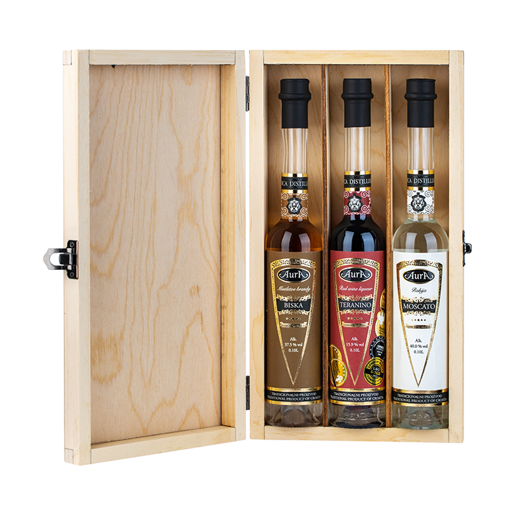 Darilni paket Box Rakija (Biska, Teranino, Moscato) Aura + GB 3 x 0,1 l