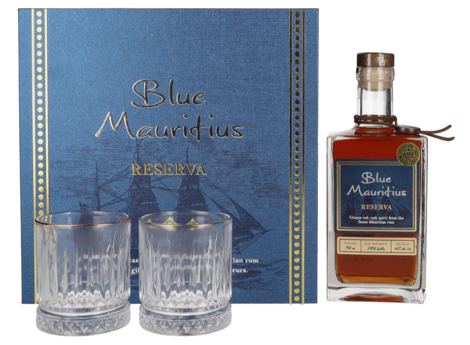 Rum Blue Mauritius Reserva + 2 kozarca + GB 0,7 l