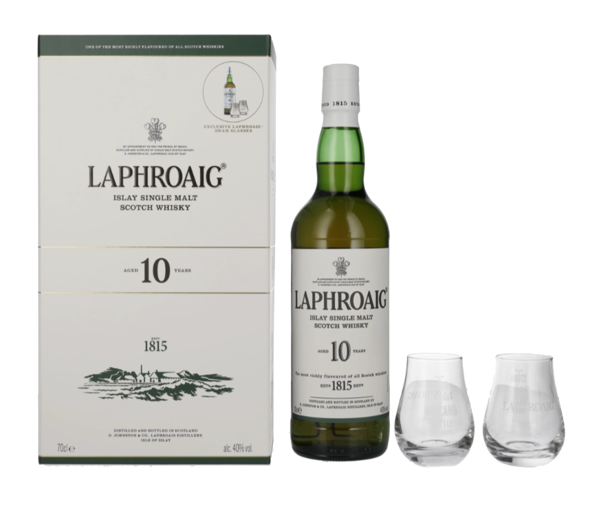 Škotski whisky LAPHROAIG 10 Single malt + 2 kozarca + GB 0,7 l