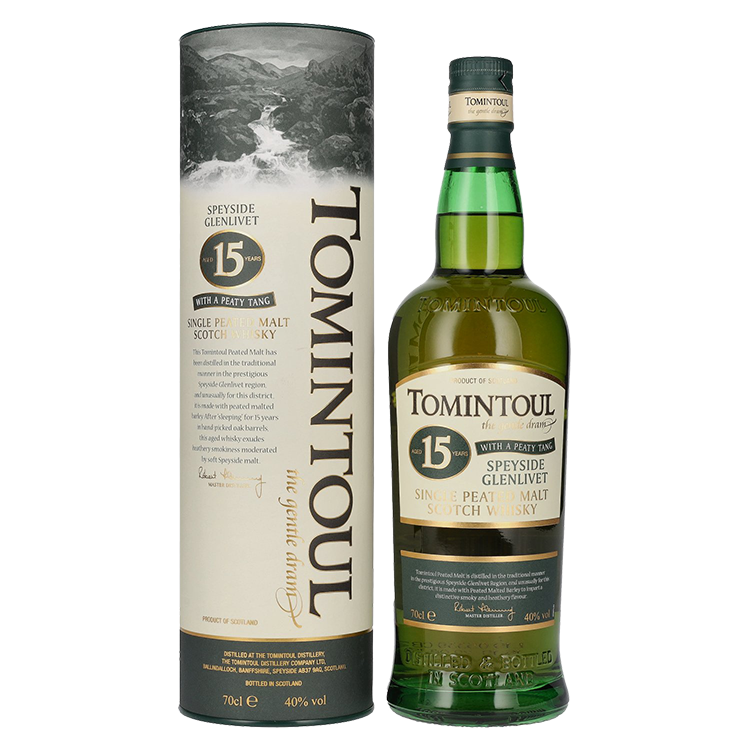Škotski Whisky Tomintoul 15 Peaty Tang + GB 0,7 l