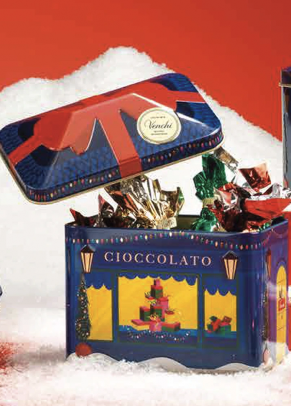 Darilni paket P15 Kovinska škatlica s čokoladnimi bonboni Venchi – Bannecker, 185 g