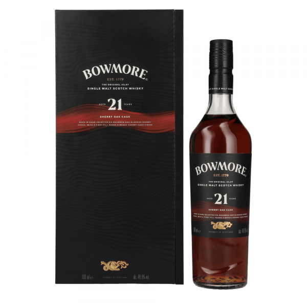 Škotski whisky Bowmore 21 Years Old Sherry Oak Cask Islay Single Malt + GB 0,7 l
