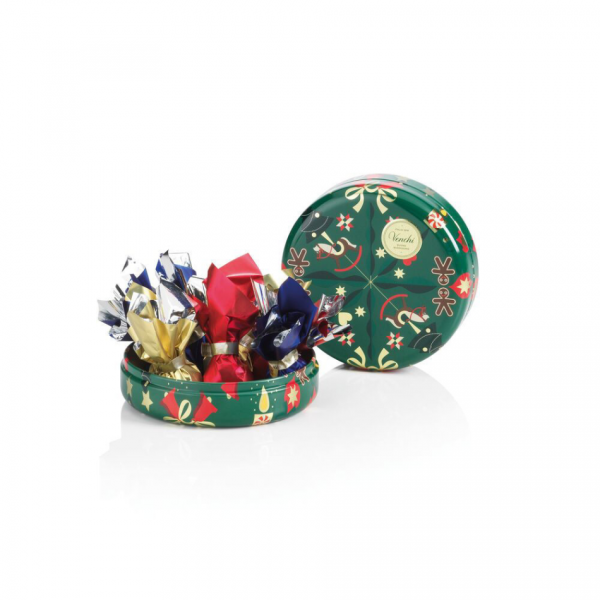 Venchi Okrogla božična pločevinka s čokoladami Cometa 86 g